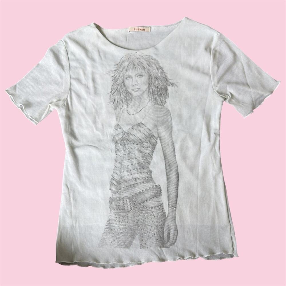 Y2K Euro Iconic Sushan white graphic sparkly mesh tee with sketch of a woman